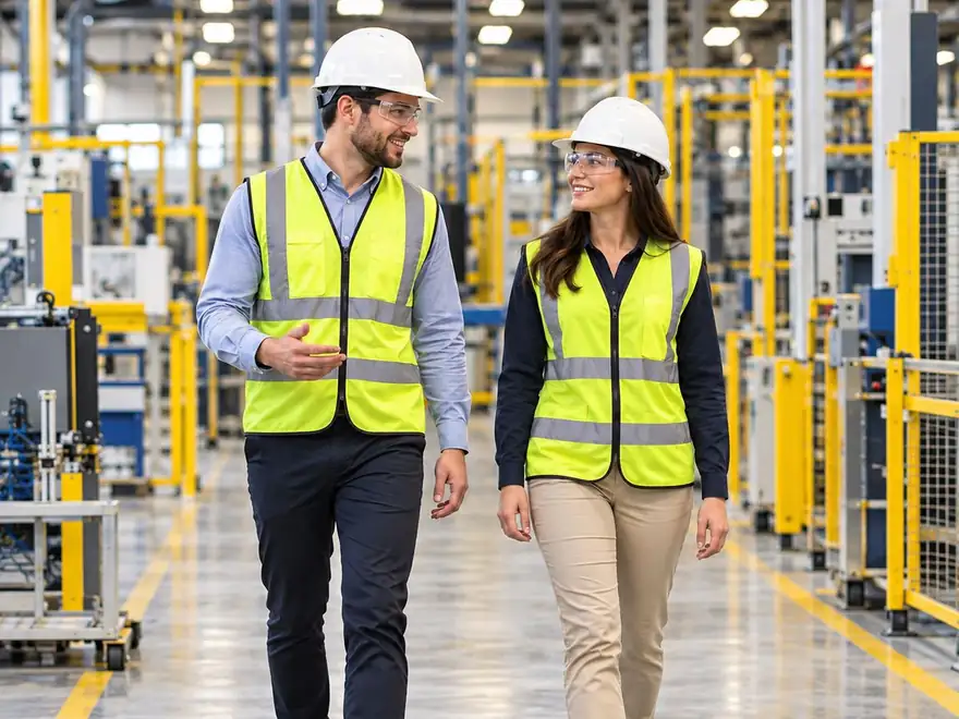 Equipo de DISTOOL con chalecos y cascos recorriendo una planta industrial